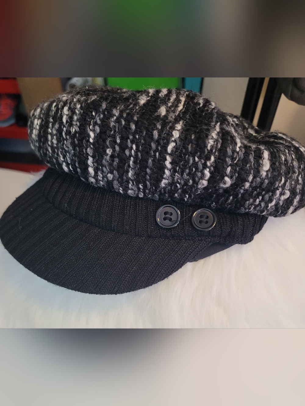 Black & Gray Knitted Newsboy Cap with Button Detail